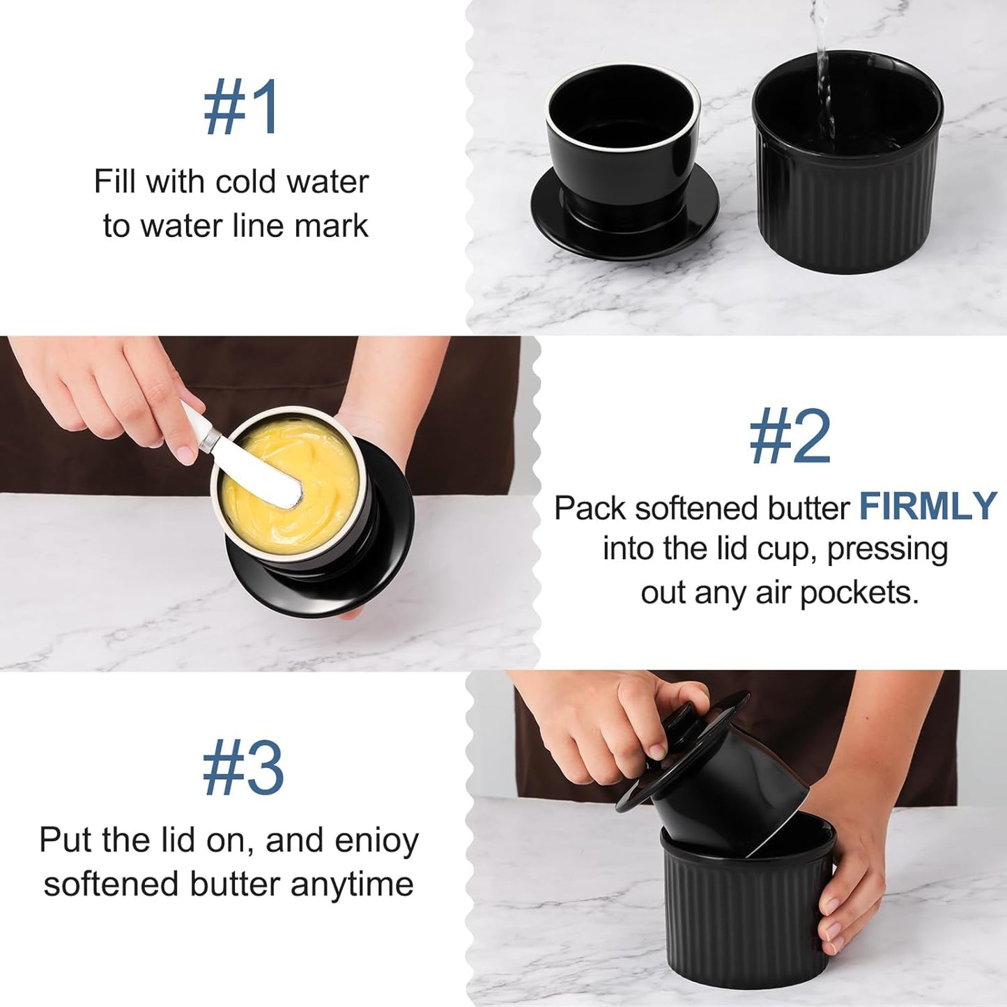 Large Butter Crock for Counter with Water Line, Butter Keeper, Ceramic French Butter Dish Holder for Fresh Spreadable Soft Butter (Black, 8 Ounce)
