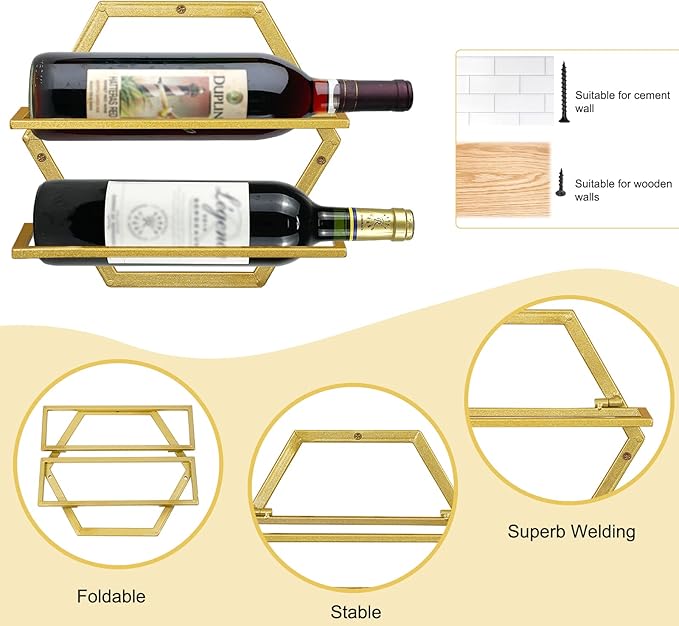 2Pcs Wall Mounted Wine Bottle Rack, Metal Hanging Wine Display Holder Organizer, Red Wine Racks for Home Kitchen Bar Decor Storage(Gold)