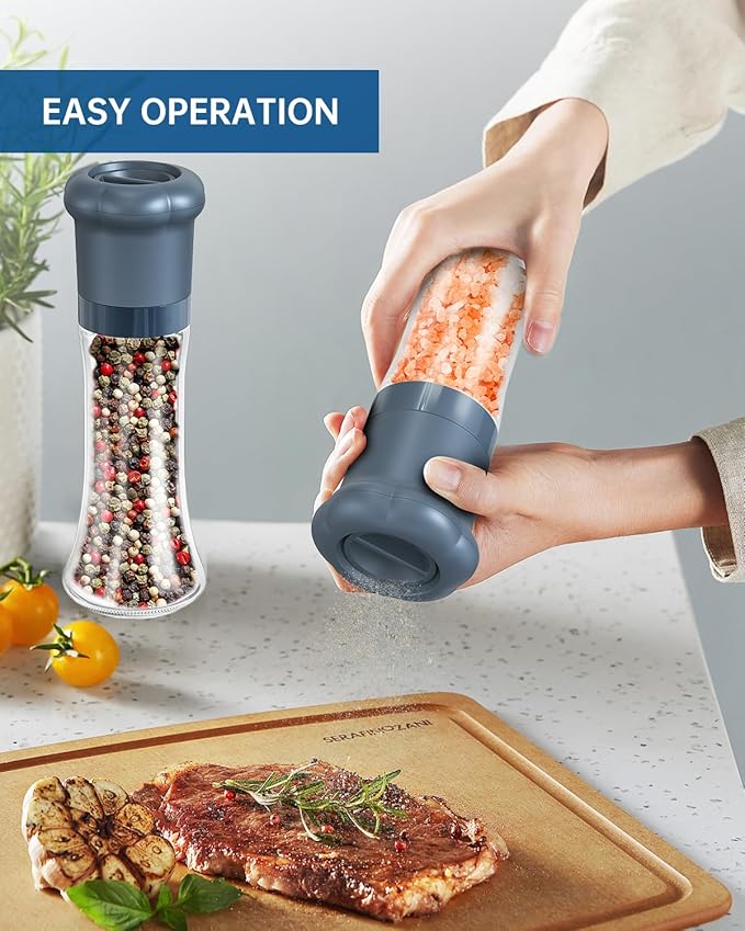 CIRCLE JOY Manual Salt and Pepper Grinder Set For Professional Chef, Refillable Salt and Pepper Shakers with Ceramic Blades, Adjustable Coarseness and BPA-free 180ml Glass Container, Tall Blue