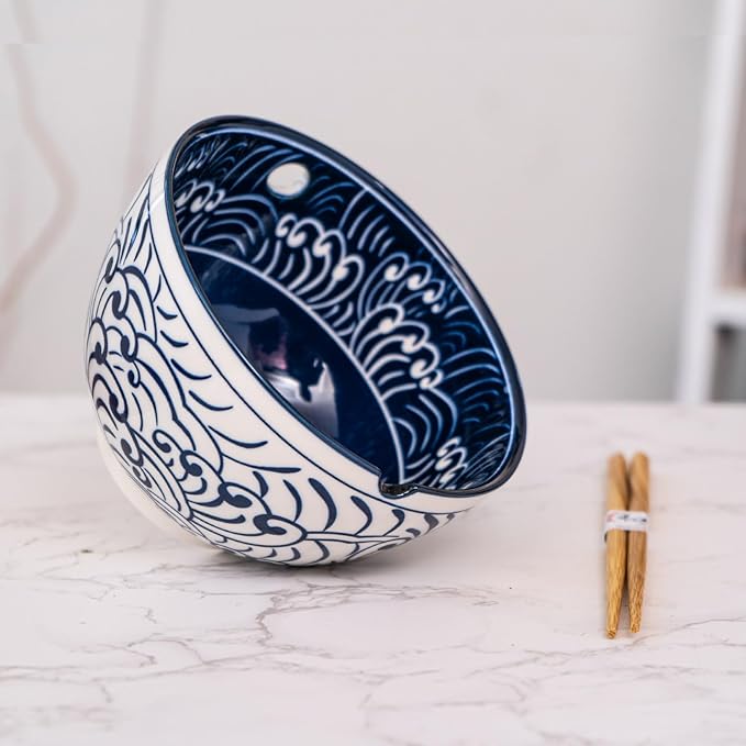 Urban Tokyo Porcelain Japanese Motif Design Ramen Udon Noodle Rice Bowl With Chopsticks 20 fl oz 6 inch Diameter Bowl Sets Color Box Packaging (Nami Waves)