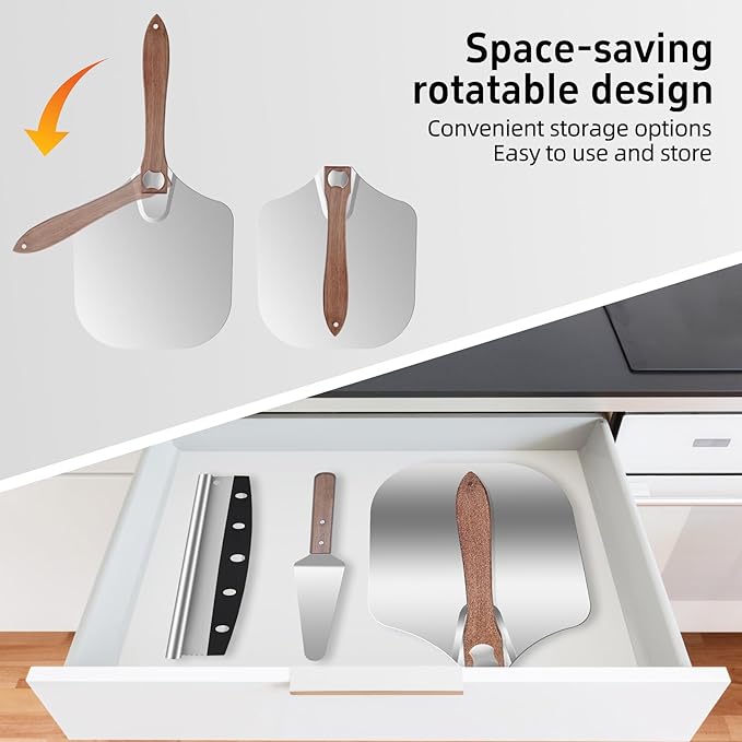 Aluminum Pizza Peel 12x14" With Foldable Wooden Handle - Metal Paddle, Rocker Cutter, and Server for Pizza Oven (Gift-Ready)