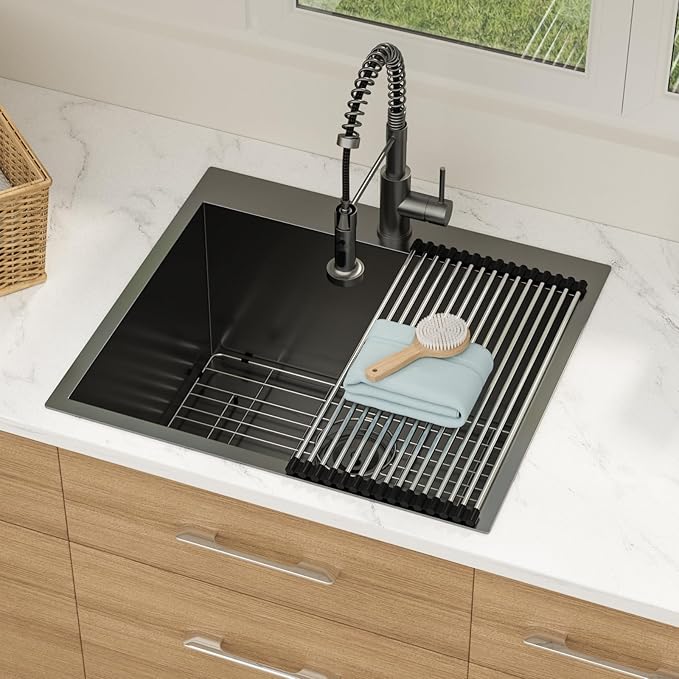 25 Inch Deep Drop In Laundry Sink - Ghomeg 25x22x13 Inch Black Laundry Utility Sink Drop In Topmount Single Bowl 16 Gauge Stainless Steel Above Counter Kitchen Laundry Room Sinks