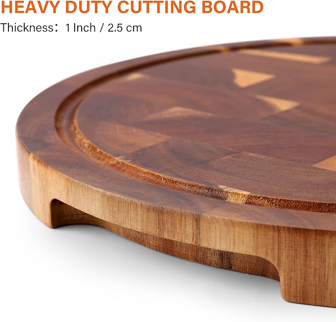 End Grain Butcher Block Round 12 IN, Premium Acacia Wood Cutting Board with Juice Groove, TJ POP Medium Chopping Board for Kitchen, 1 IN Thick