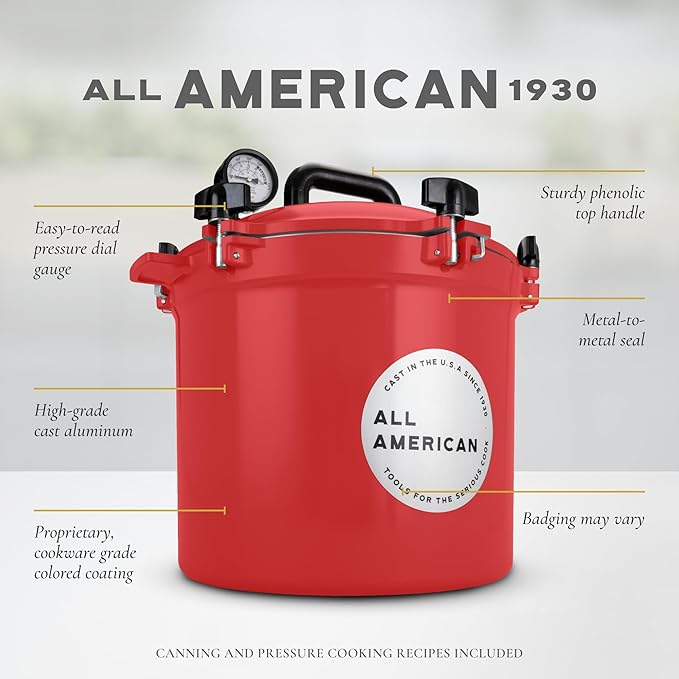 All American 1930 21.5qt Pressure Cooker/Canner (The 921), Tomato Red - Exclusive Metal-to-Metal Sealing System - Suitable for Gas, Electric, or Flat Top Stoves - Made in the USA