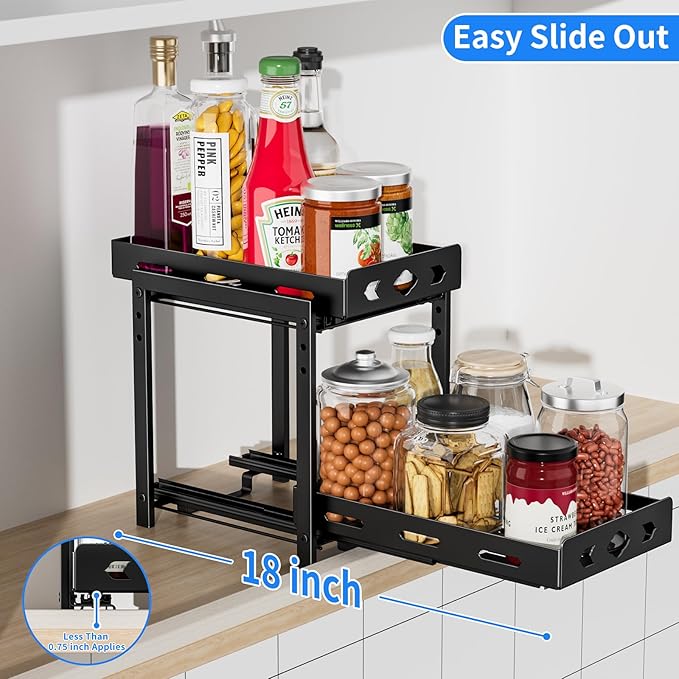 Pull Out Spice Racks for Inside Cabinets, 2-Tier Cabinet Spice Rack Organizer, Height Adjustable Vertical Spice Rack for Kitchen Cabinet (7.5''Wx10.8''Dx9.2''H, Metal Black)