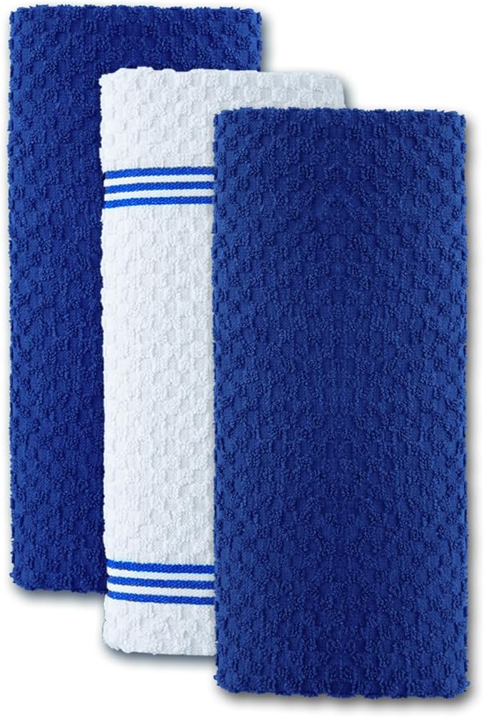 Infinitee Xclusives Premium Kitchen Towels – Pack of 3, 100% Cotton |15 x 25| Inches Absorbent Dish Towels - Terry Kitchen Dishcloth Towels - Blue Dish Cloth for Household Cleaning
