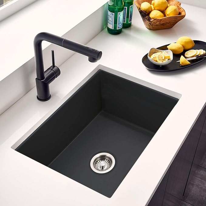 Houzer PTU-2800 BL Platus Fireclay Undermount 26" Single Bowl Kitchen Sink, Black