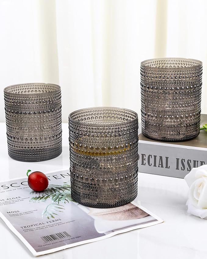 YOUBET 24PCS Plastic Drinking Glasses - 14OZ Black Hobnail Drinkware Glasses - Vintage Glassware Textured Beaded Cups for Water, Beer, Whiskey, Juice and Various Mixed Drinks, halloween