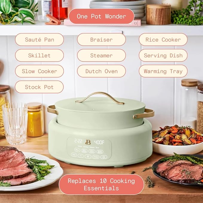 Beautiful 10-in-1 Electric Multi-Cooker by Drew Barrymore, 6-quart, digital display, 10 cooking functions, non-stick pot, easy one-touch control (Sage Green)