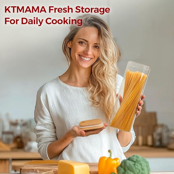 Rectangle Glass Storage Containers with Lids, Glass Jars with Bamboo Lids for Spaghetti, Pasta, Kitchen Pantry Storage Containers (2 pack 2.2qt)