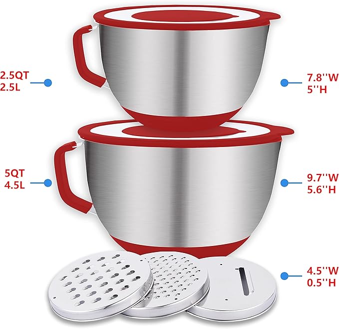 HAPPY KIT 18/8 Mixing Bowls with Lids Set of 2,Stainless Steel Mixing Bowl with Pour Spout, Non-slip Handle and Bottoms, 3 Grater Attachments, Measurement Marks & Lid, Size 5, 3QT(Red)