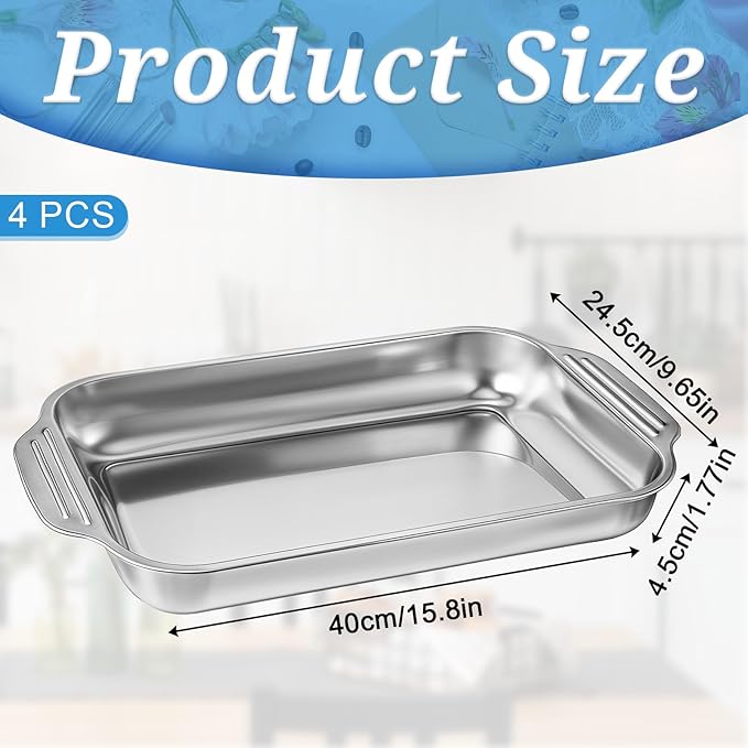 4Pcs Rectangle Cake Pans 9 x 13 Inch Baking Pan Stainless Steel Cake Pan Rectangular Bakeware Baking Tray for Cakes Breads Fish Vegetables Dishwasher Safe