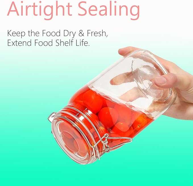 Airtight Glass Canister with Lids 50oz Food Storage Jar Square - Storage Container with Clear Preserving Seal Wire Clip Fastening for Kitchen Canning Flour, Cereal, Sugar, Beans