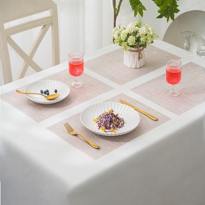 BACKTOEDEN Placemats Set of 8 Heat Resistant Washable Wipeable Placemat Woven Non-Slip Foldable Vinyl/Plastic Place Mats Indoor/Outdoor Mat Kitchen Dining Table Pad, Bright Silk Colorful