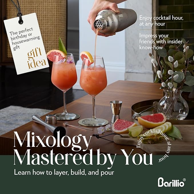 Barillio Mixology Bartender Kit - 8 pcs Stainless Steel Travel Cocktail Shaker Set with Bag - Bar Tools Set with Martini Shaker, Drink Mixer Spoon & Mojito Muddler for Cocktails, Pourers & Jigger