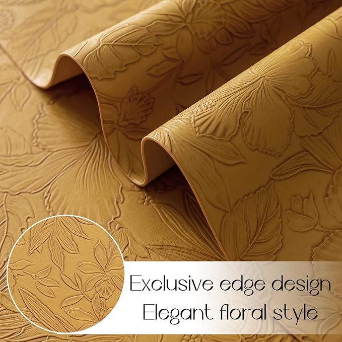 Romanstile Vinyl Placemats Set of 4-12 X 18 Inch - Heat Resistant Non-Slip Embossed Floral Place Mats 100% Waterproof Oilproof Wipeable Faux Leather Table Mats for Kitchen/Dining/Party, Gold
