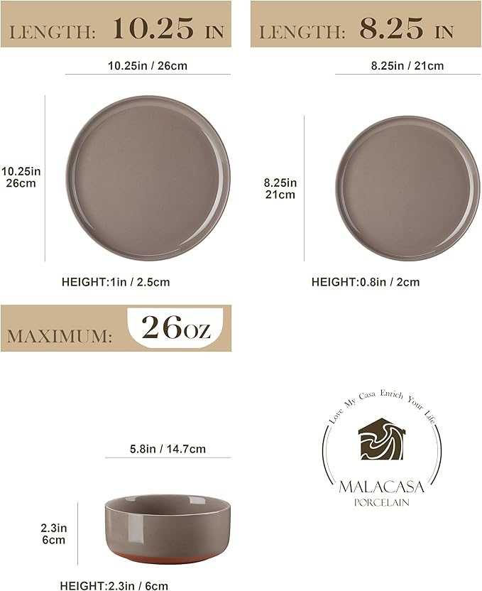 MALACASA Plates and Bowls Sets, 12 Pieces Modern Stoneware Dinnerware Set for 4 Kitchen Dinner Set Ceramic Dishware Dishes Set Microwave and Dishwasher Safe, Brown, Series TARA