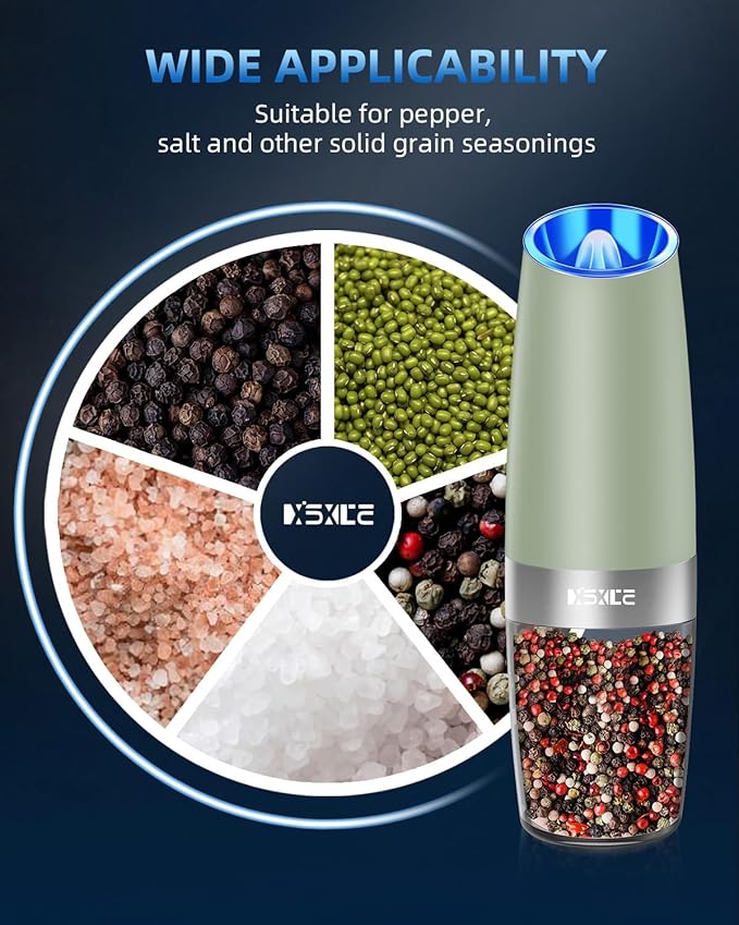 Gravity Electric Pepper and Salt Grinder Set, Adjustable Coarseness,with LED Light, One Hand Automatic Operation (Set/Light Green)