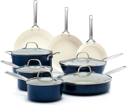 GOTHAM STEEL PRO 13 Pc Ceramic Cookware Set Nonstick, Pots and Pans Set Non Stick for Kitchen, Hard Anodized Induction Cookware, Non Toxic Made Without PFOA PFOS, Oven & Dishwasher Safe – Navy Blue