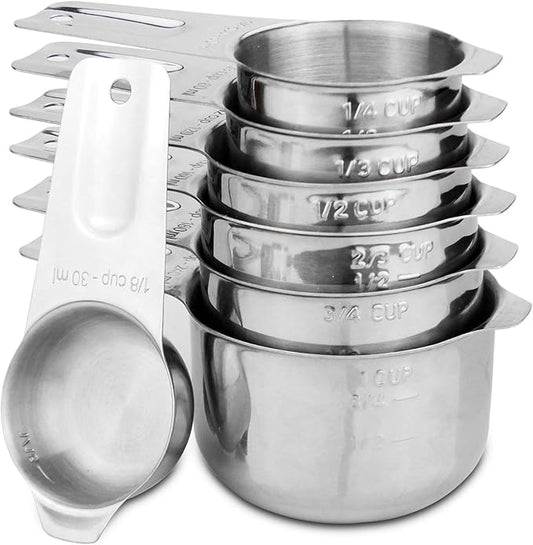Set of 7 Heavy Duty Measuring Cups, 18/8 Stainless Steel with Ring Connector, Silver
