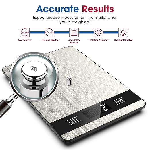 Mik-Nana Food Scale, 11lb Digital Kitchen Scale with LCD Display 6 Units Tare Function, Stainless Steel Weight Grams and Ounces for Baking, Cooking and Meal Prep (Batteries Included)