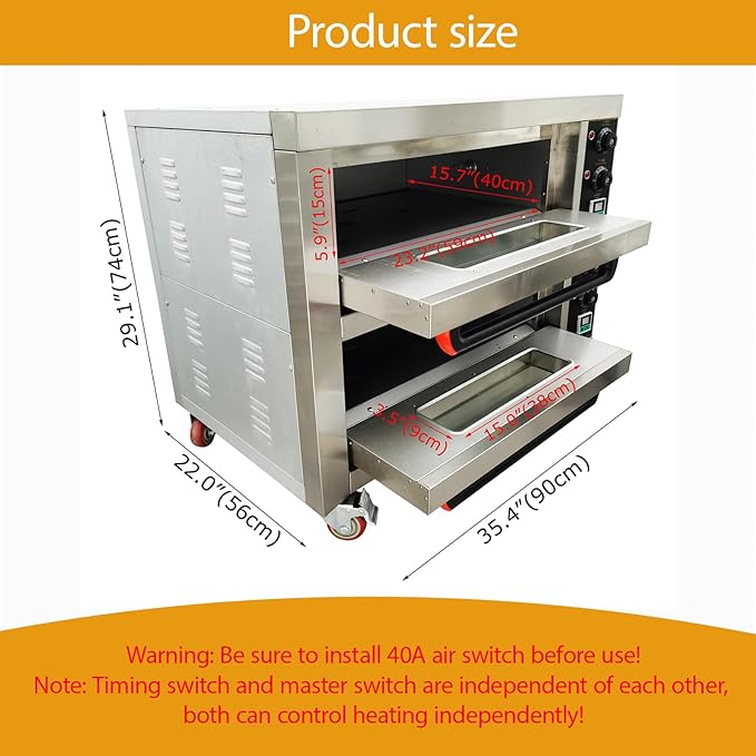 220V Commercial Pizza Oven 6.4KW Single Phase Stainless Steel Double-Deck 2 Baking Sheets Countertop Electric Movable Pizza Oven with Universal Wheels for Commercial Use