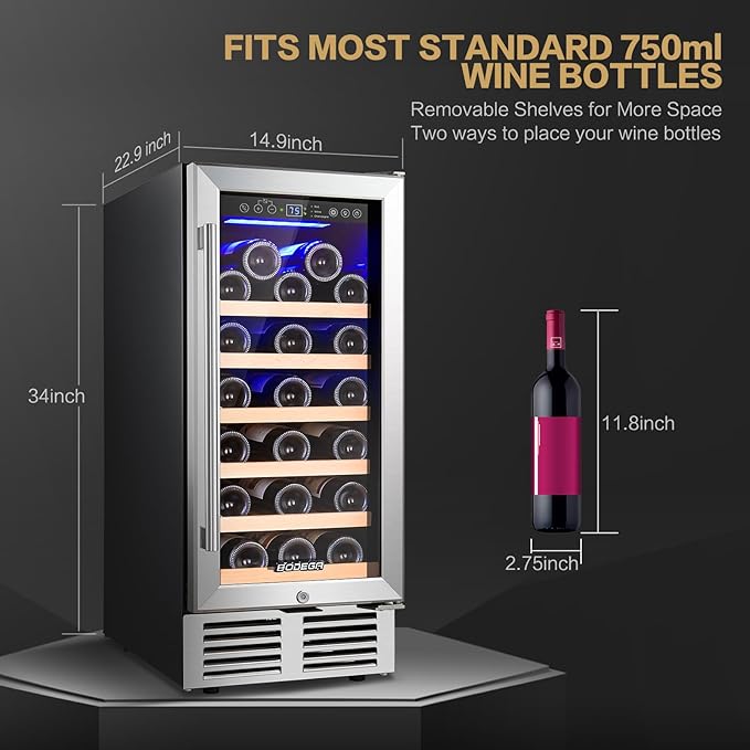 BODEGA Wine Fridge Freestanding, 15 inch Under Counter Wine Refrigerator, Cooler with App Control, Glass Door, for Kitchen, Bedroom, Home, Office, Holds 31 Bottles