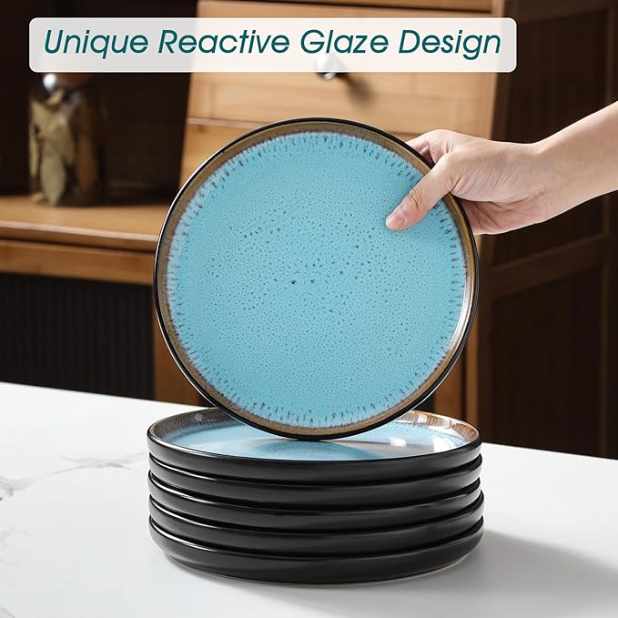 vancasso Plates and Bowls Sets, 24 Pieces Stoneware Dinnerware Sets for 8, Kitchen Dish Set Mircowave and Dishwasher Safe Dinner Set Ceramic Dishware, Sky Blue, Series AMBER