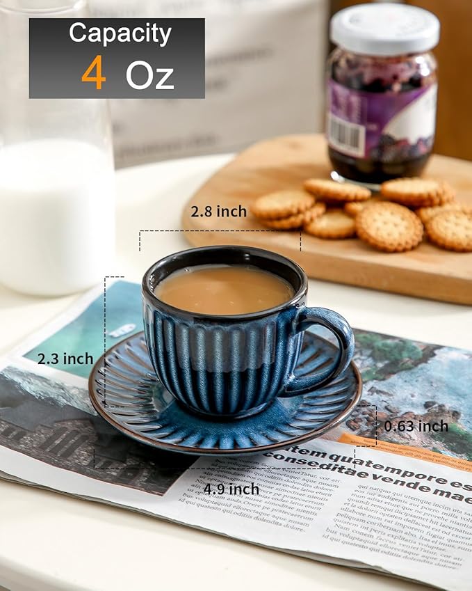 Hasense 4 Oz Espresso Cups with Saucers Set of 4, Ribbed Cappuccino Cups Ceramic for Coffee,Espresso,Double shot,Latte and Macchiato, Demitasse Cups Set Aesthetic Gift, Blue