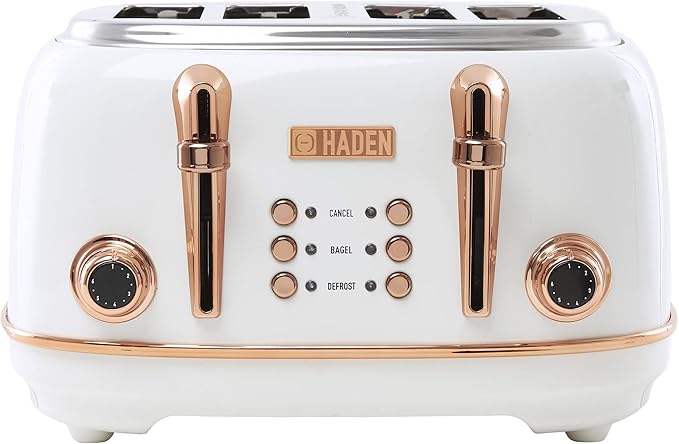 Haden Heritage 4 Slice Wide Slot Stainless Steel Toaster with Adjustable Browning Control & Non-Slip Feet, Ivory & Copper