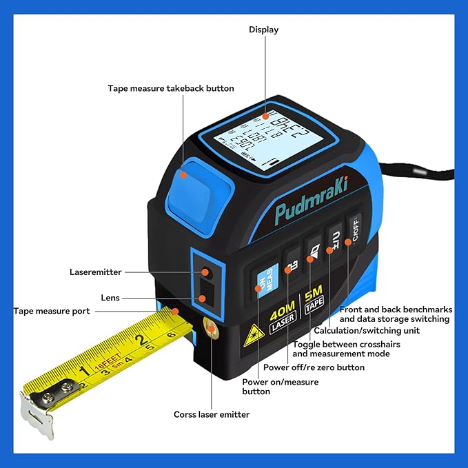 4-in-1 Laser Tape Measure 131Ft, Laser Crosshairs, 16ft Auto-Locking Tape, Digital Measurement Level, Backlit LCD Screen, Feet/Inches/Meters Unit Switching