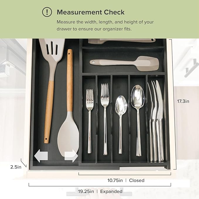 KitchenEdge Premium Silverware, Flatware and Utensil Organizer for Kitchen Drawers, Food-Safe Contract Grade, Expandable from 10.5 to 19 In, Black Bamboo