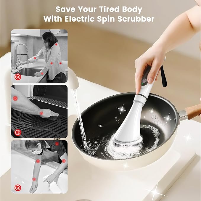 Electric Spin Scrubber Brush - Rechargeable Cordless Cleaning Brush with Full-Body IPX7 Waterproof, 6 Interchangeable Heads & 2-Speed Modes for Bathroom, Kitchen, Tile