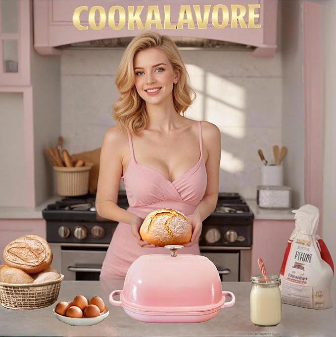 Cast Iron Bread Oven,6 QT Bread Oven,Thick Enameled Loaf Pan with Lid,Bread Pans for Homemade Bread,14.5"Dutch Oven for Bread Baking,Dutch Oven-with Silicone Baking Mat&Recipe,Gifts for Family,Pink