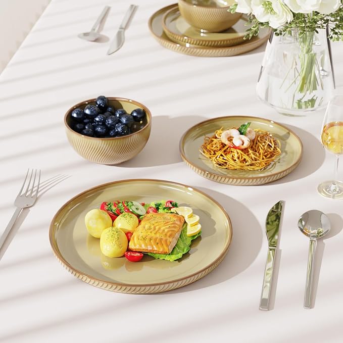 Stoneware Dinnerware Sets for 4, Earthsong 12pcs Plates and Bowls Set, Dishwasher and Microwave Safee Ceramic Dishes Set, Ribbed, Caramel Dusk