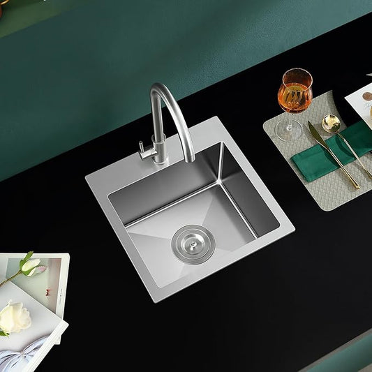 18 inch Drop-in Kitchen Sink, Small Topmount Kitchen Sink Single Bowl, Overmount 304 Stainless Steel Kitchen Bar Sink Handmade with Basket Strainer