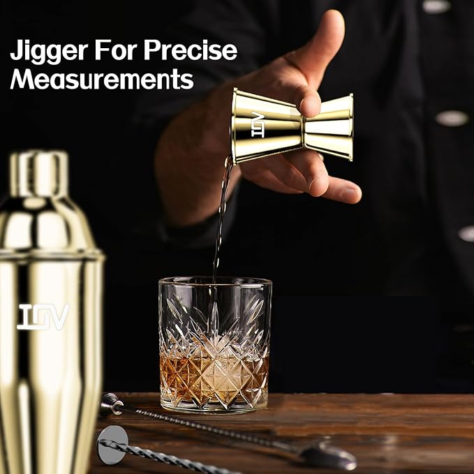 IOV Cocktail Shaker Bar Set, 24oz Martini Shaker with Built-in Strainer, Bar Tool Kit with Recipes Booklet, Professional Stainless Steel Large Bartender Drink Shaker Margarita Alcohol Mixer- Gold