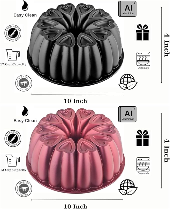 Heart Shape Aluminum Cake Pan, Titanium Coating, Non-Stick, 12 Cups, Gifts for Mom, 10 Inch Baking Mold, Cast Aluminum Fluted Tube Pan, Easy to Clean (2-Pack, Black-Red)