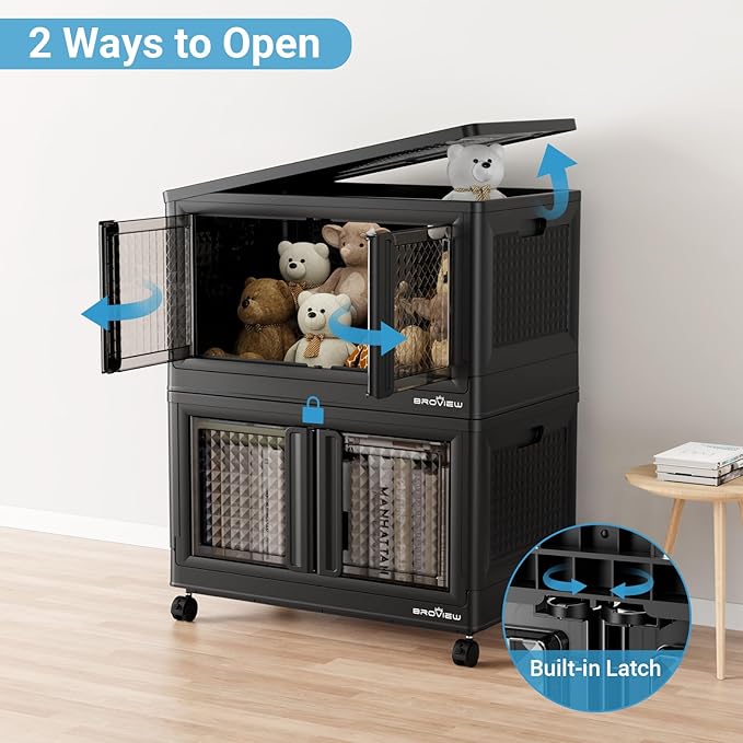 BROVIEW 300Qt Stackable Storage Bins with Lids, 75Gal Closet Organizers and Storage Drawer, Plastic Collapsible Storage Bins with Doors, Heavy Duty Store Box Cabinet for Home Kitchen, 3Pack Black