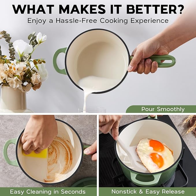 Onader Cast Iron Sauce Pan Pot, 2QT Small Saucepan with Lid, Enameled Cast Iron Dutch Oven Cooking Kitchen Pot – Pistachio Green