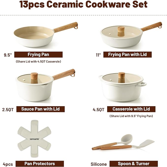 SENSARTE Ceramic Nonstick Cookware Set, Non-toxic Healthy Pots and Pans Set Ceramic Coated Kitchen Cooking Set, Free of Intentionally Added PFAS/PTFE, Dishwasher&Oven Safe Induction Compatible, 13pcs