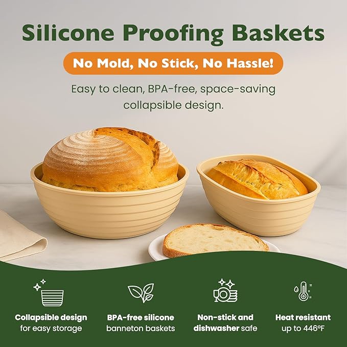 Sourdough Starter Kit – Bread Baking Set with 10" Oval & 9" Round Silicone Bannetons,1000ml Starter Jar, Bread Lame, Danish Whisk, Pastry Mat,Sling, Fermentation Kit, Gift for Bakers, Moms & Wives