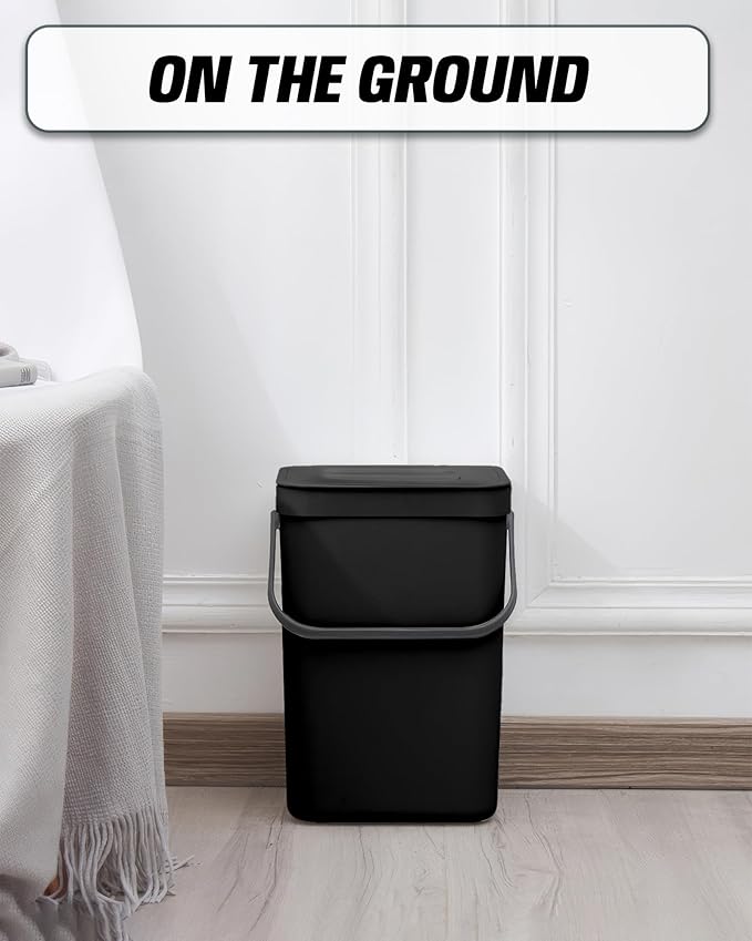Kitchen Compost Bin - 3.2 Gallons Hanging Trash Can with Lid for Kitchen Bathroom, Under Sink Trash Can, Outdoor Compost Bucket with Lid, 12L(Black)