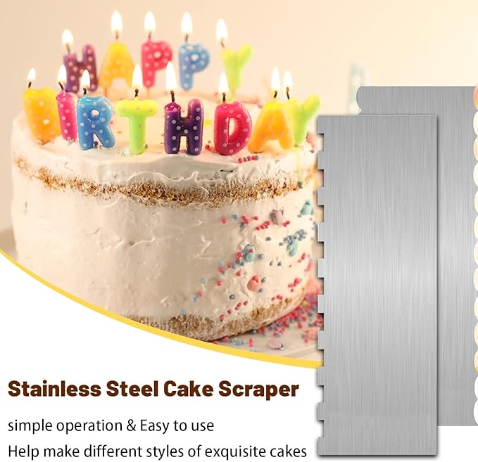 2 Pieces 8.7 Inche Stainless Steel Cake Scraper Double Sided Patterned Edge Stripe Edge Smoother Frosting Scraper Cake Decorating Cake Decorating Comb Cake Scraper For Butter Cream Mousse(2, 2)