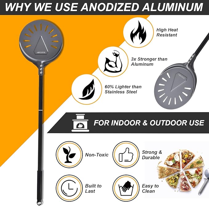 Turning Pizza Peel, 8 Inch with 25 Inch Handle Round Pizza Turning Peel, Professional Anodized Aluminum Turning Pizza Spatula, 33 Inch overall