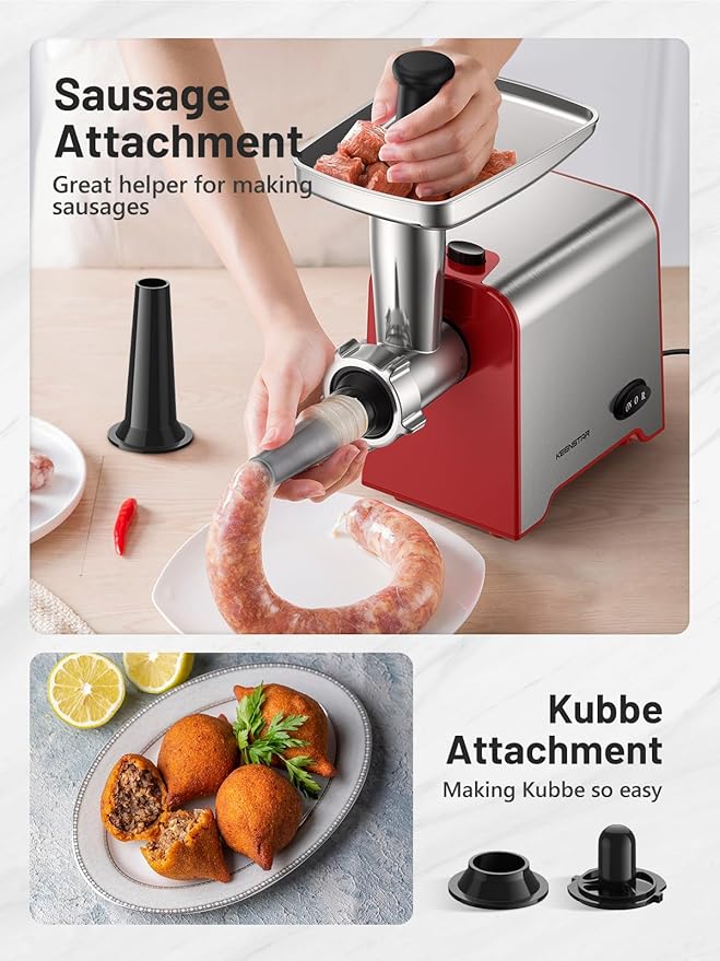 Electric Meat Grinder, Sausage Stuffer Maker 450W Food Grinder with Blade & 3 Plates, Sausage Stuffer Tubes & Kubbe Kit, Stainless Steel Meat Mincer Machine for Home Kitchen Use (Red)