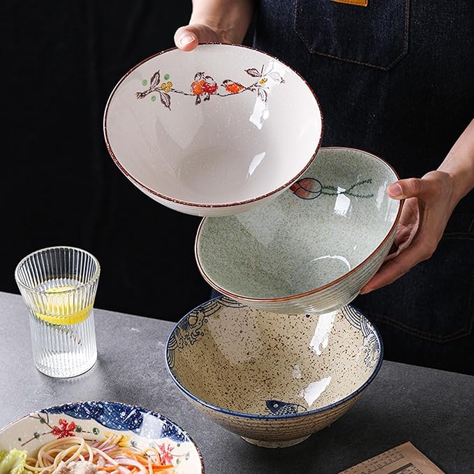 40 OZ ceramic ramen bowls, 8 IN large Japanese noodle soup bowl, match chopsticks and spoons, suitable for Pho, Udon Asian noodles (Flowers and birds)