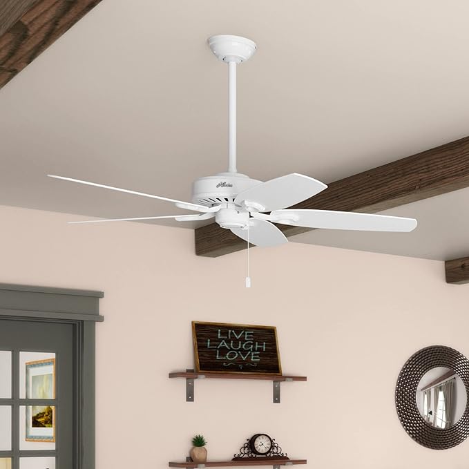 Hunter 52 inch Indoor Ceiling Fan No Light with Pull Chain - White Ceiling Fan without Light, Standard Mount, 5 Blades, For Bedroom, Living Room, or Kitchen - Builder Elite 53240, Snow White