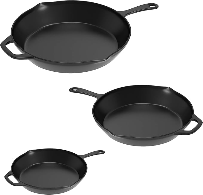 Frying Pans - Set of 3 Pre-Seasoned Cast Iron Skillets with 10-Inch, 8-Inch, and 6-Inch Sizes - Nonstick Camping Cookware by Home-Complete (Black)