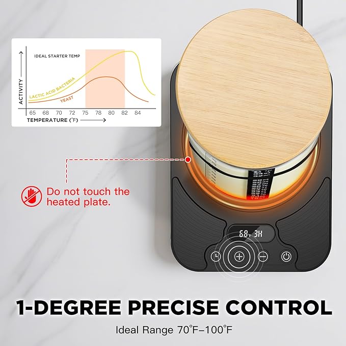 Sourdough Starter Warmer Kit with 34oz Glass Jar & Thermometer - 24H Timer Auto ON/OFF, 1°F Control (70-100°F), Smart Warming Memory, Sour Dough Bread Starter Heater Accessories, Home Baker Tool Gifts
